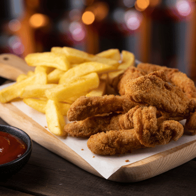 Image of Dros Kidz Crumbed Chicken Strips with chips